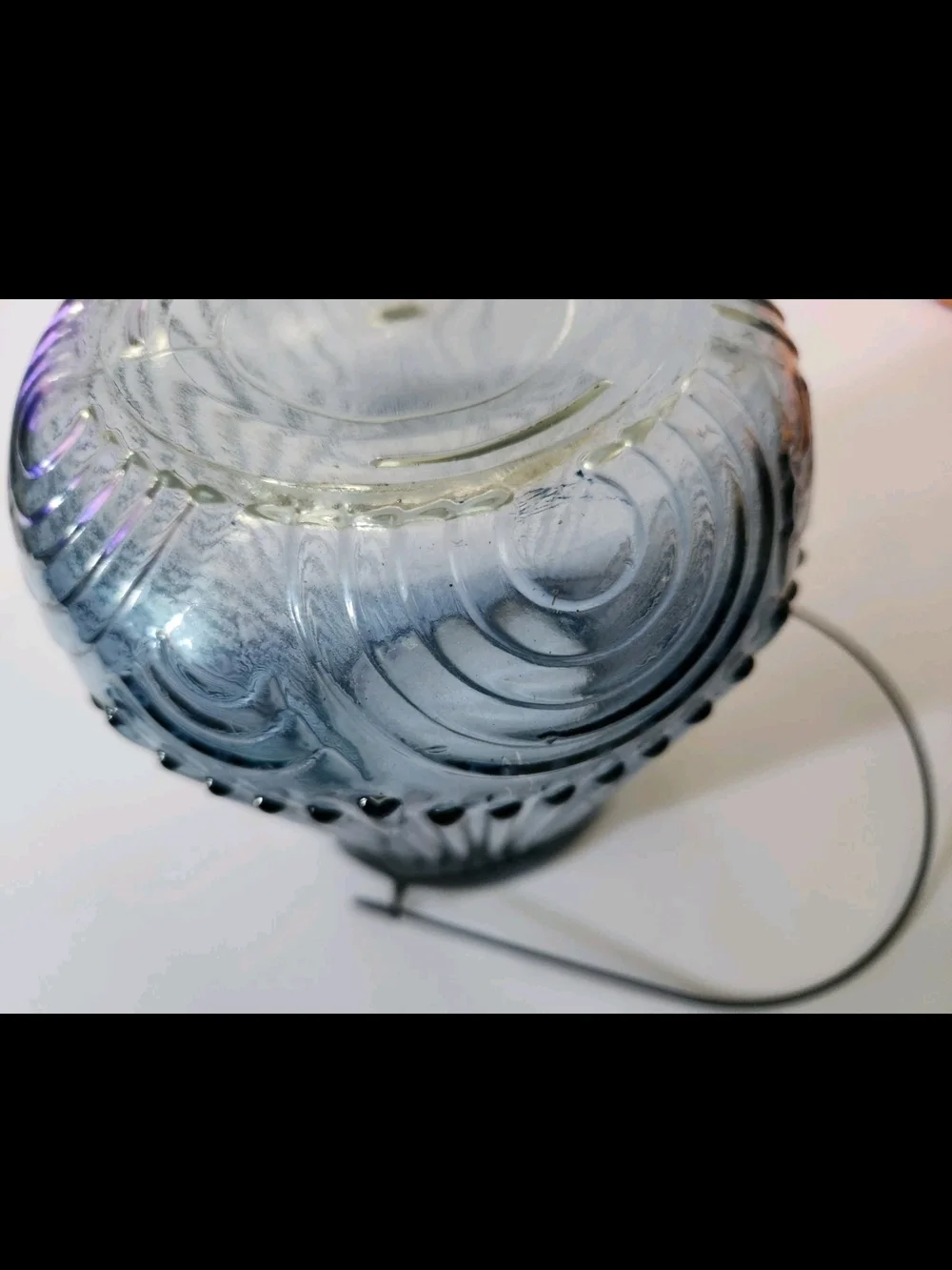 6 Inch Tall Blue Ribbed Glass Candle Lantern with Black Wire Handle